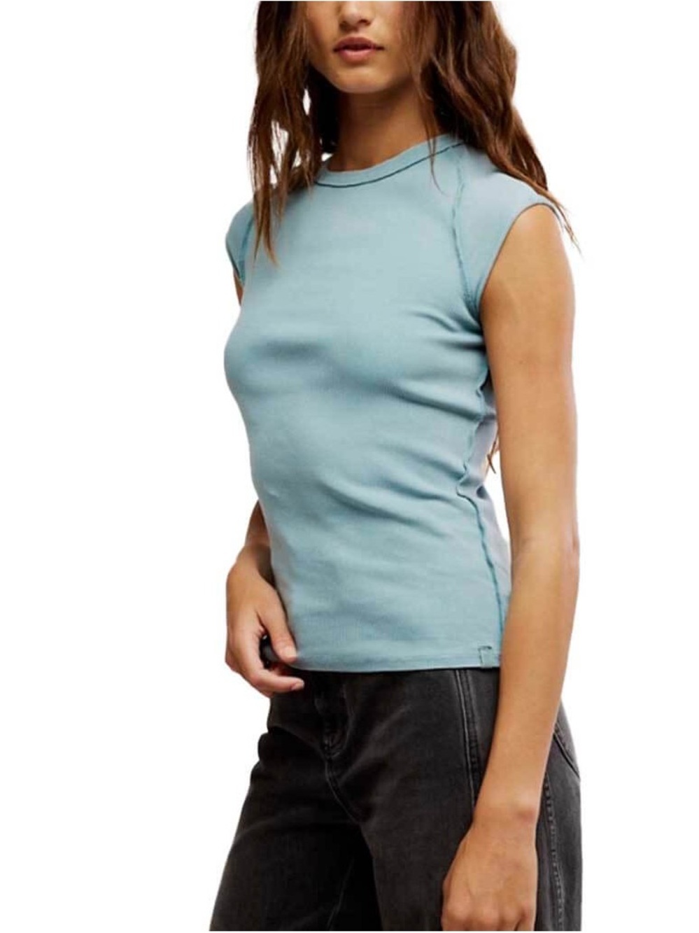 Free People "Ever Had" ribbed cap-sleeve tee in a faded blue-green color